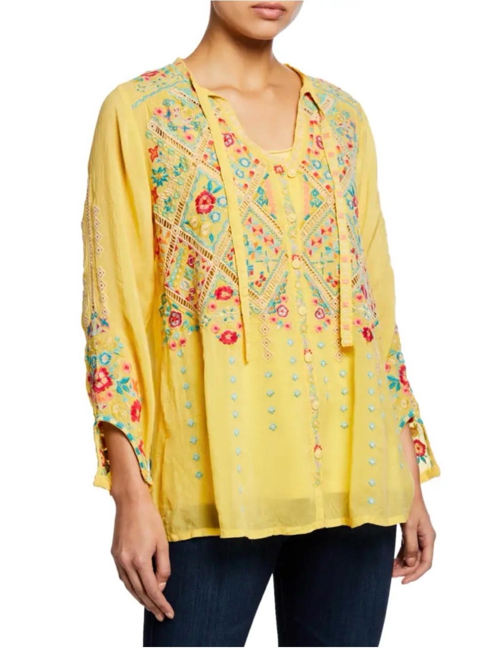 Johnny Was Arges Embroidered Georgette Blouse Women’s Small Yellow Shirt Boho S